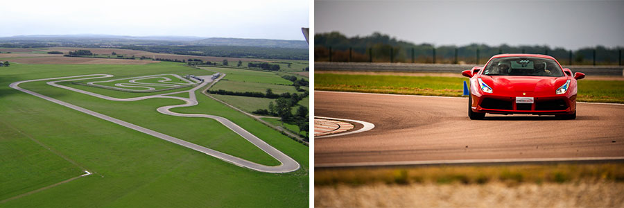 Vue aérienne du circuit de Pouilly en Auxois et Ferrari sur piste